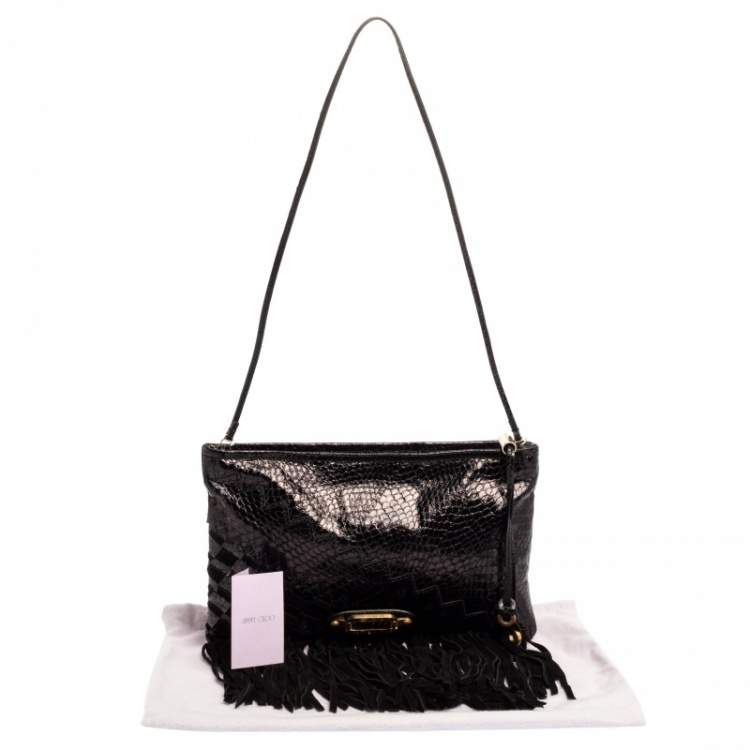 Pre Owned Jimmy Choo Black Python and Suede Fringe Tita Convertible Clutch 