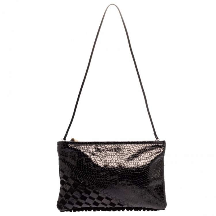 Pre Owned Jimmy Choo Black Python and Suede Fringe Tita Convertible Clutch 
