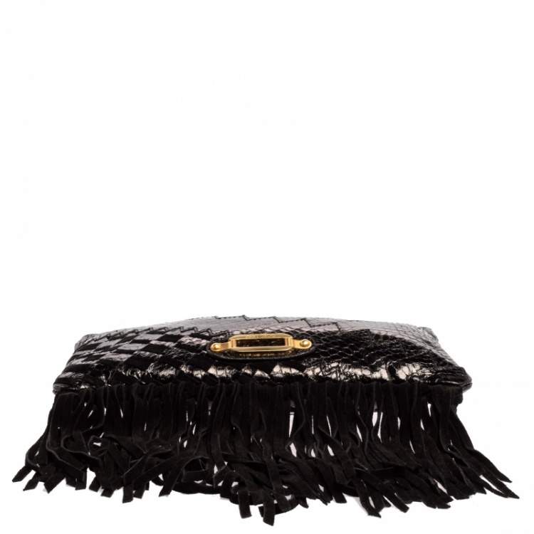 Pre Owned Jimmy Choo Black Python and Suede Fringe Tita Convertible Clutch 