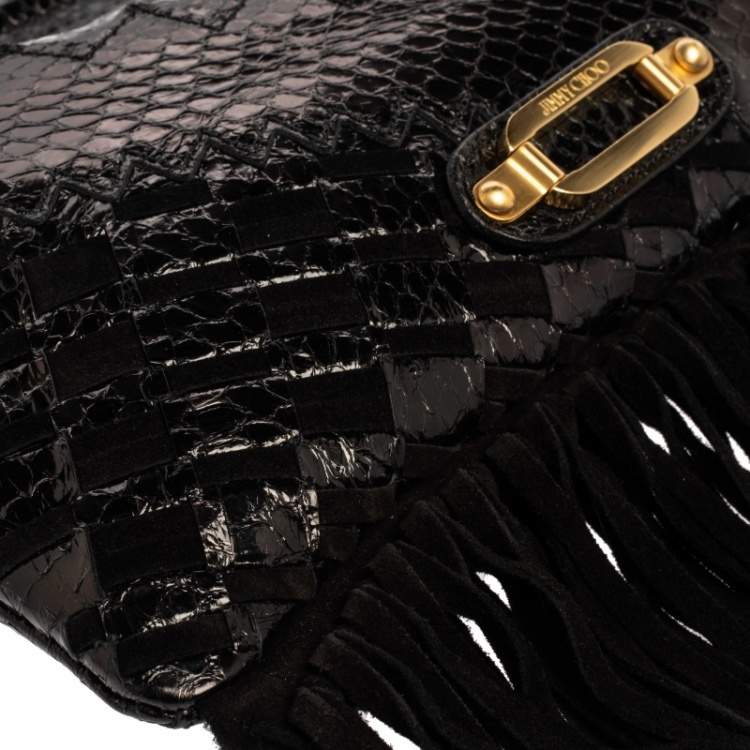 Pre Owned Jimmy Choo Black Python and Suede Fringe Tita Convertible Clutch 