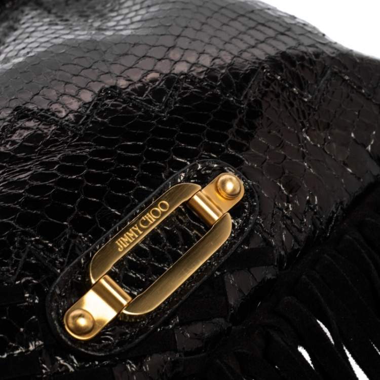 Pre Owned Jimmy Choo Black Python and Suede Fringe Tita Convertible Clutch 