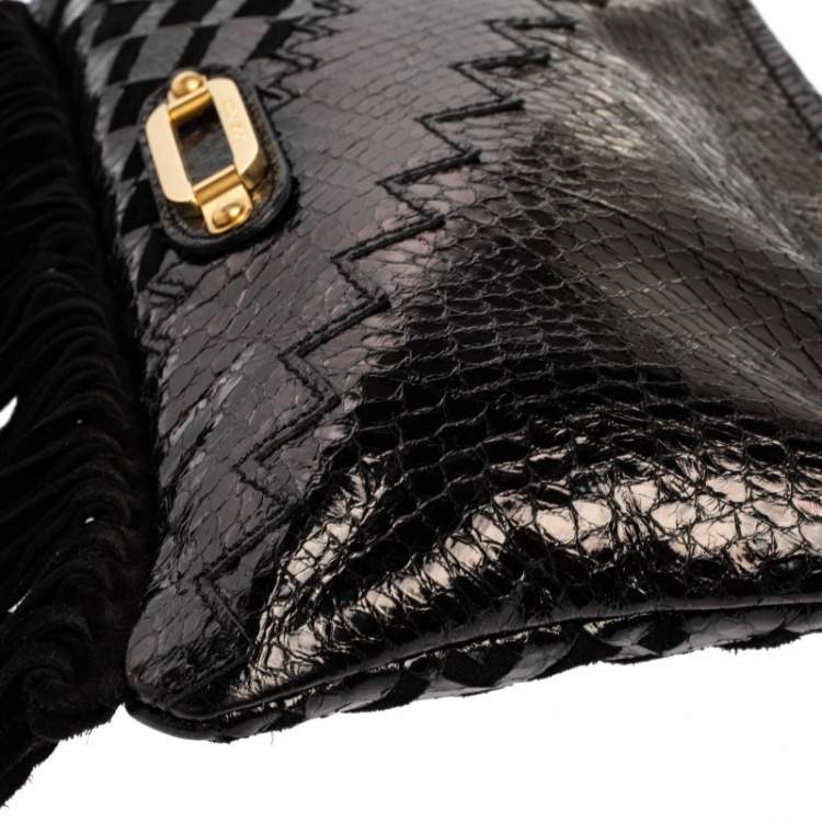 Pre Owned Jimmy Choo Black Python and Suede Fringe Tita Convertible Clutch 