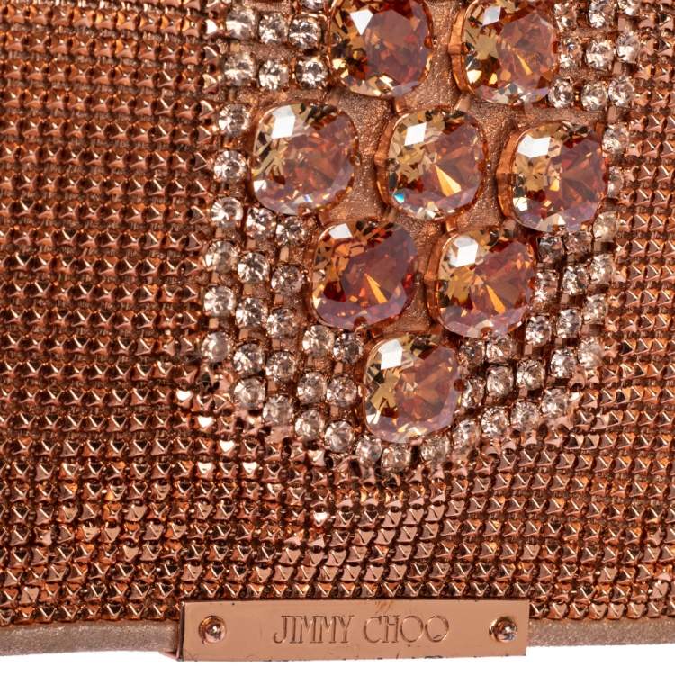 Pre Owned Jimmy Choo Rose Gold Leather and Metal Mesh Crystal Embellished Cecile Bag