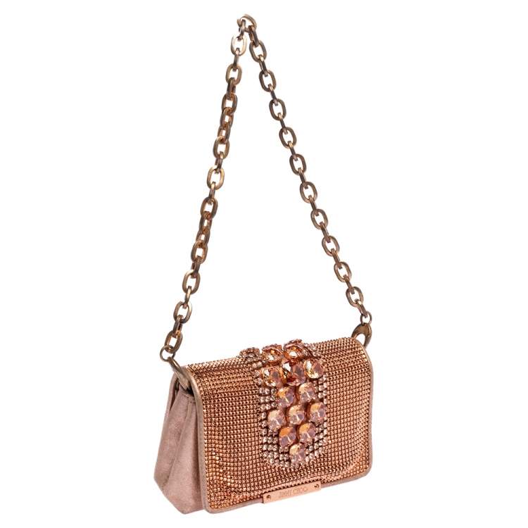 Pre Owned Jimmy Choo Rose Gold Leather and Metal Mesh Crystal Embellished Cecile Bag