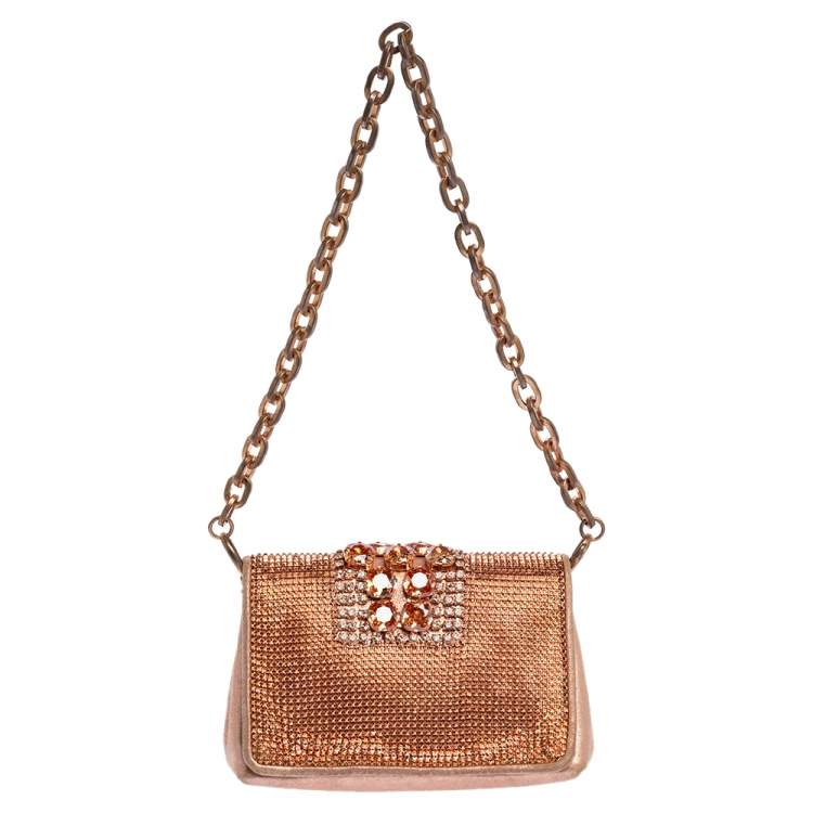 Pre Owned Jimmy Choo Rose Gold Leather and Metal Mesh Crystal Embellished Cecile Bag