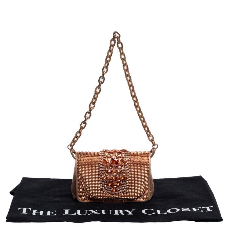 Pre Owned Jimmy Choo Rose Gold Leather and Metal Mesh Crystal Embellished Cecile Bag