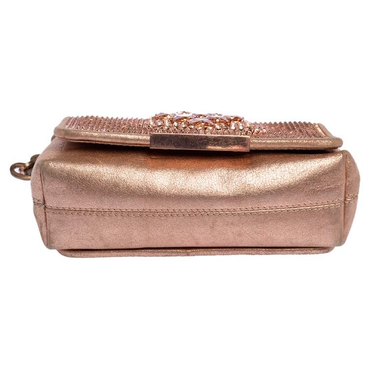 Pre Owned Jimmy Choo Rose Gold Leather and Metal Mesh Crystal Embellished Cecile Bag