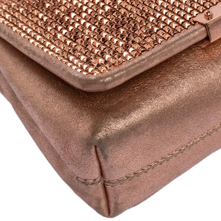 Pre Owned Jimmy Choo Rose Gold Leather and Metal Mesh Crystal Embellished Cecile Bag
