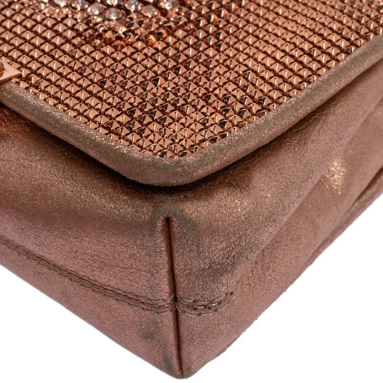 Pre Owned Jimmy Choo Rose Gold Leather and Metal Mesh Crystal Embellished Cecile Bag