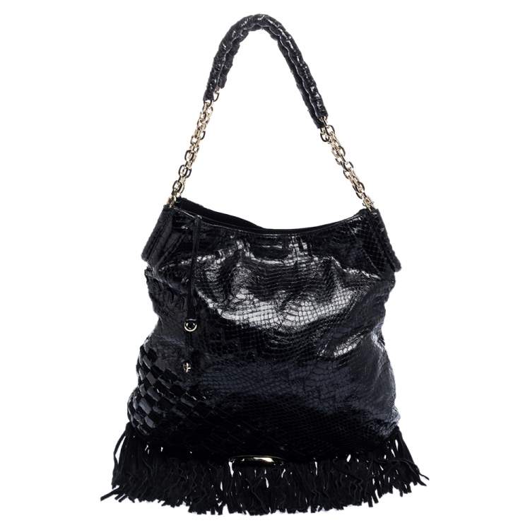 Pre Owned Jimmy Choo Black Python and Suede Tatum Fringe Hobo