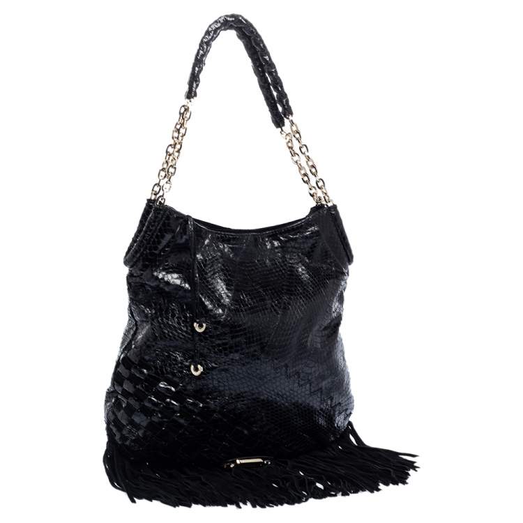 Pre Owned Jimmy Choo Black Python and Suede Tatum Fringe Hobo