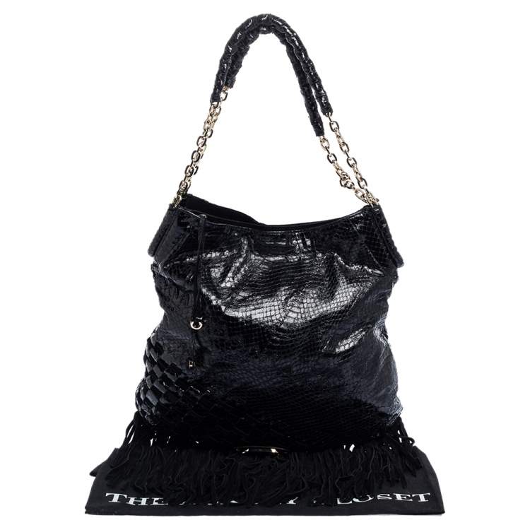 Pre Owned Jimmy Choo Black Python and Suede Tatum Fringe Hobo