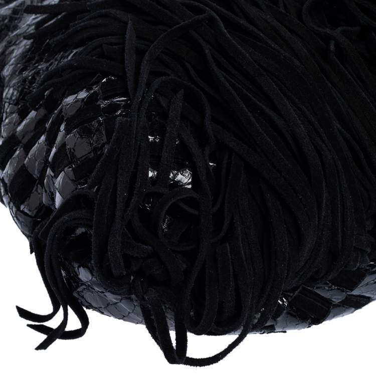 Pre Owned Jimmy Choo Black Python and Suede Tatum Fringe Hobo