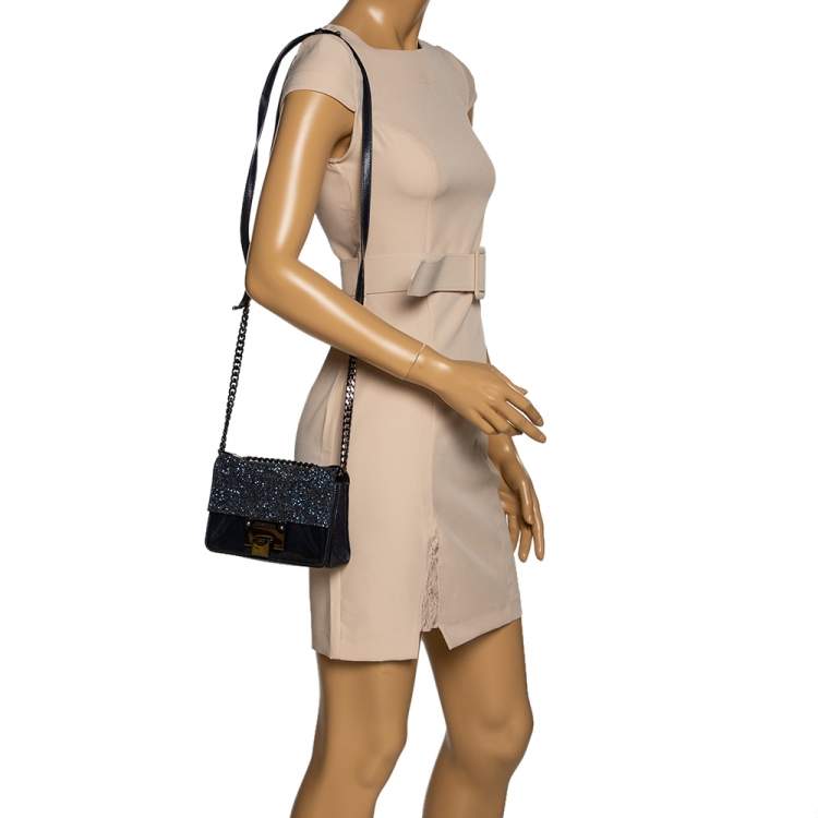 Pre Owned Jimmy Choo Three Tone Blue Glitter and Patent Leather Mini Rebel Crossbody Bag