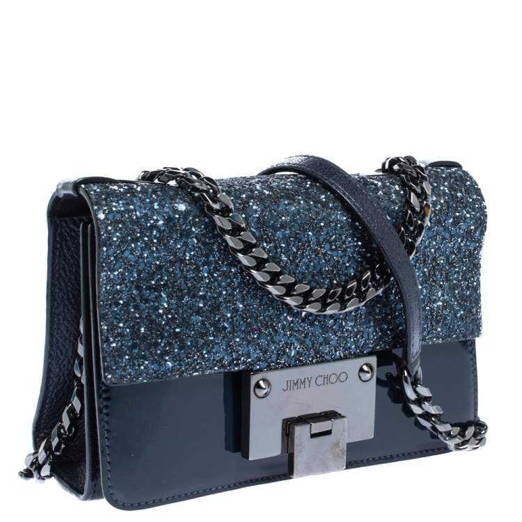 Pre Owned Jimmy Choo Three Tone Blue Glitter and Patent Leather Mini Rebel Crossbody Bag