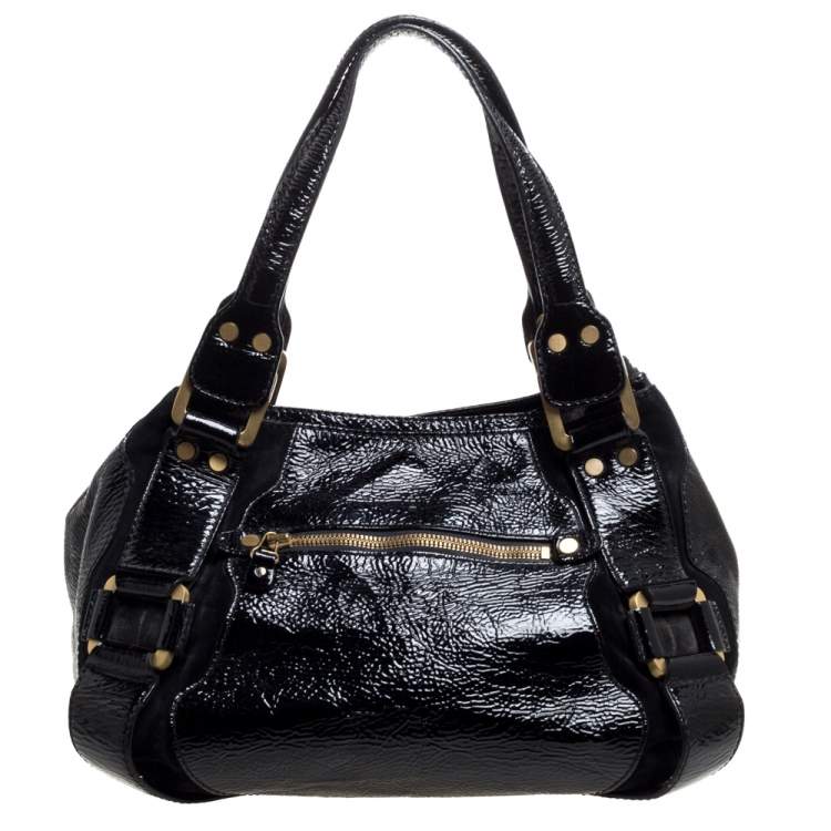 Pre Owned Jimmy Choo Black Patent Leather and Suede Mahala Bag