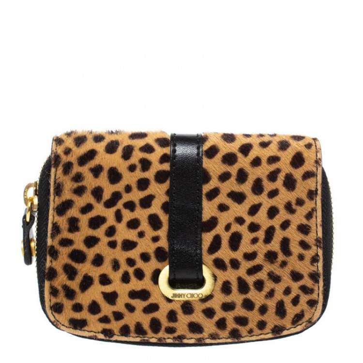 Pre Owned Jimmy Choo Beige/Black Leopard Print Calfhair and Leather Compact Wallet