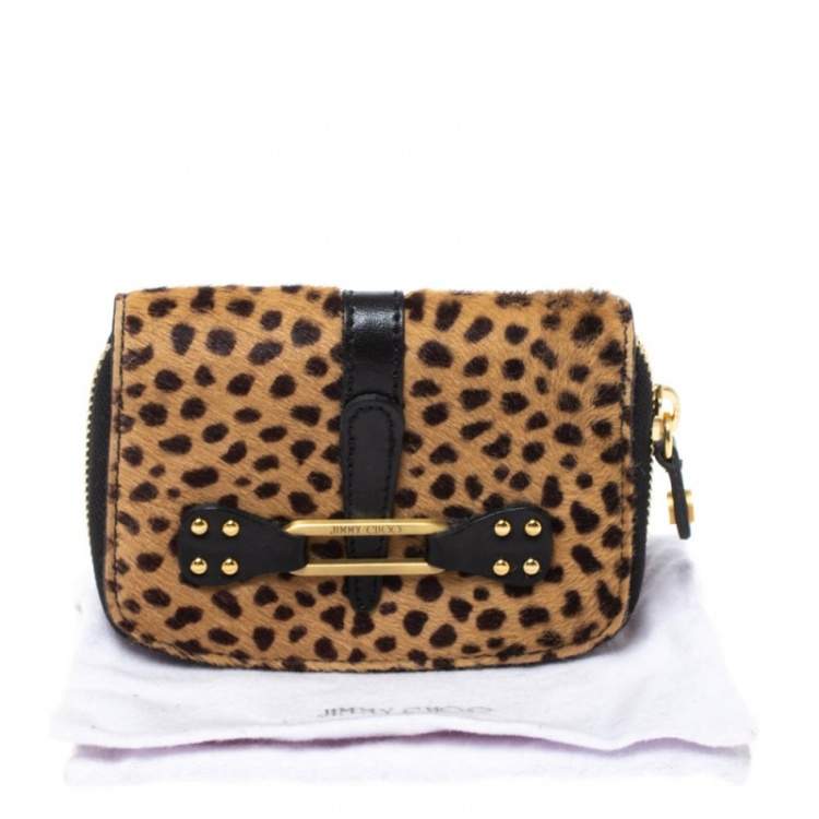 Pre Owned Jimmy Choo Beige/Black Leopard Print Calfhair and Leather Compact Wallet