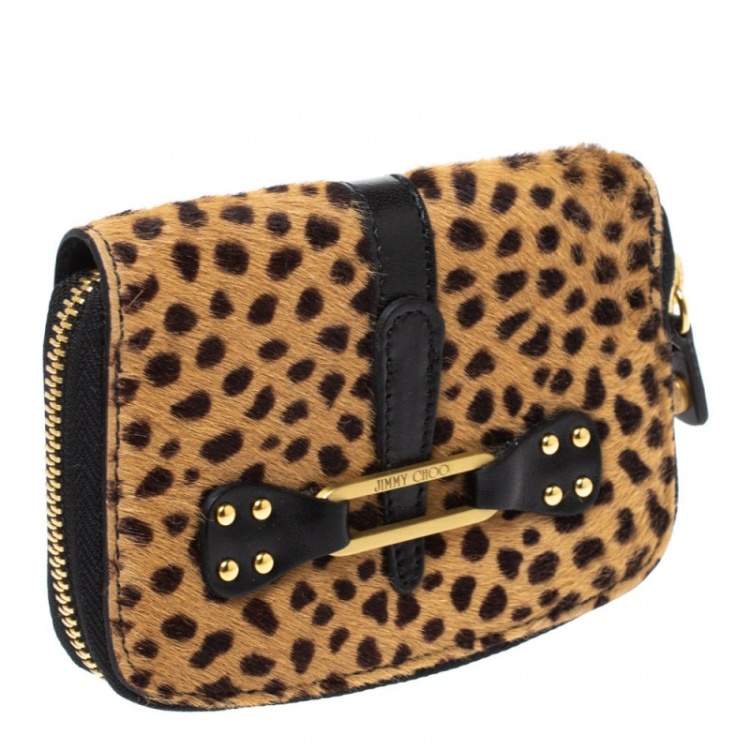 Pre Owned Jimmy Choo Beige/Black Leopard Print Calfhair and Leather Compact Wallet