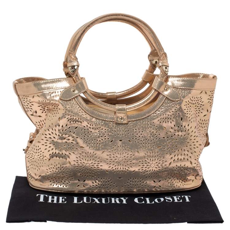 Pre Owned Jimmy Choo Metallic Rose Gold Leather Laser Cut Ring Handle Tote