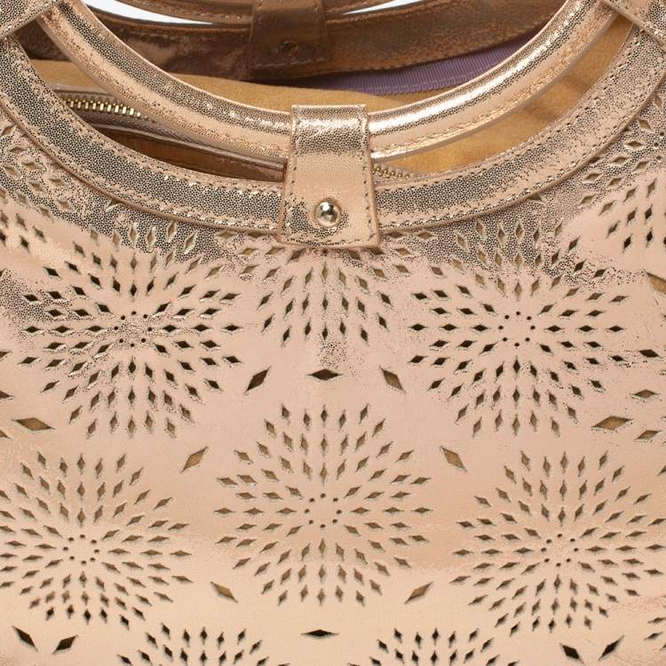 Pre Owned Jimmy Choo Metallic Rose Gold Leather Laser Cut Ring Handle Tote