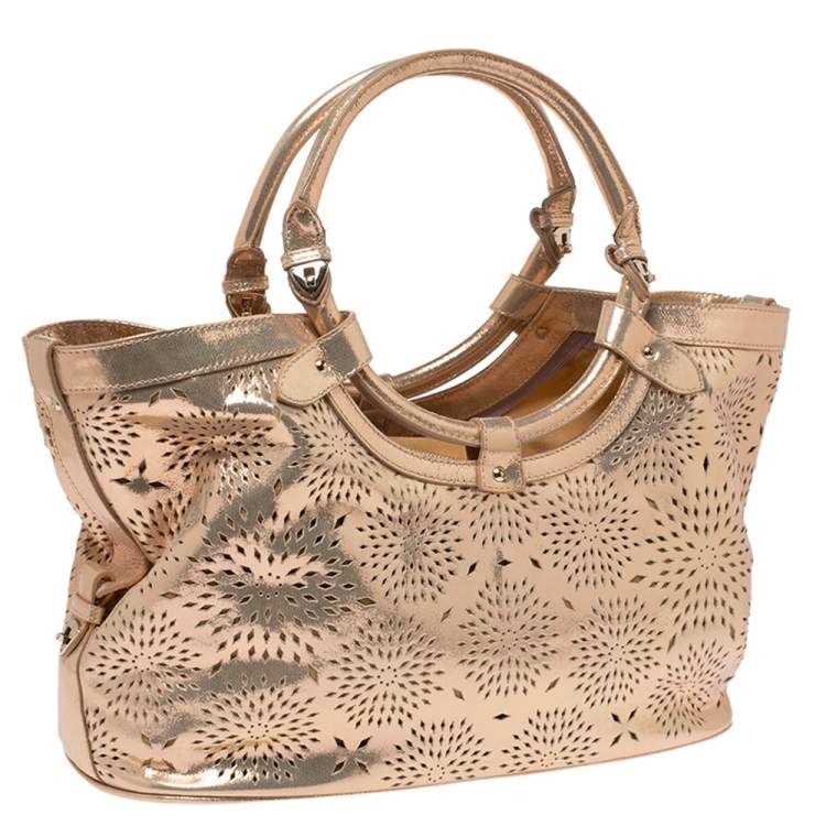 Pre Owned Jimmy Choo Metallic Rose Gold Leather Laser Cut Ring Handle Tote