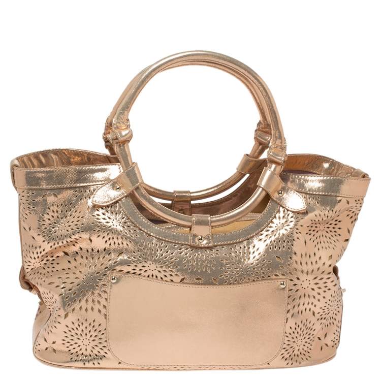 Pre Owned Jimmy Choo Metallic Rose Gold Leather Laser Cut Ring Handle Tote