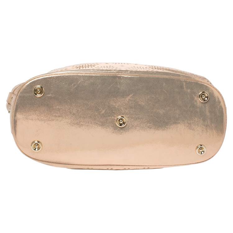 Pre Owned Jimmy Choo Metallic Rose Gold Leather Laser Cut Ring Handle Tote