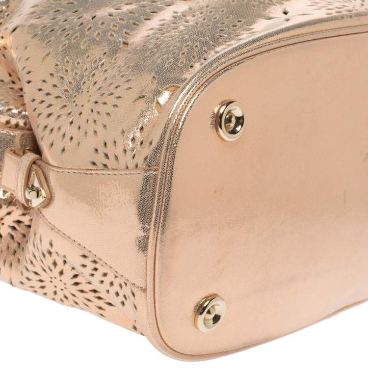 Pre Owned Jimmy Choo Metallic Rose Gold Leather Laser Cut Ring Handle Tote