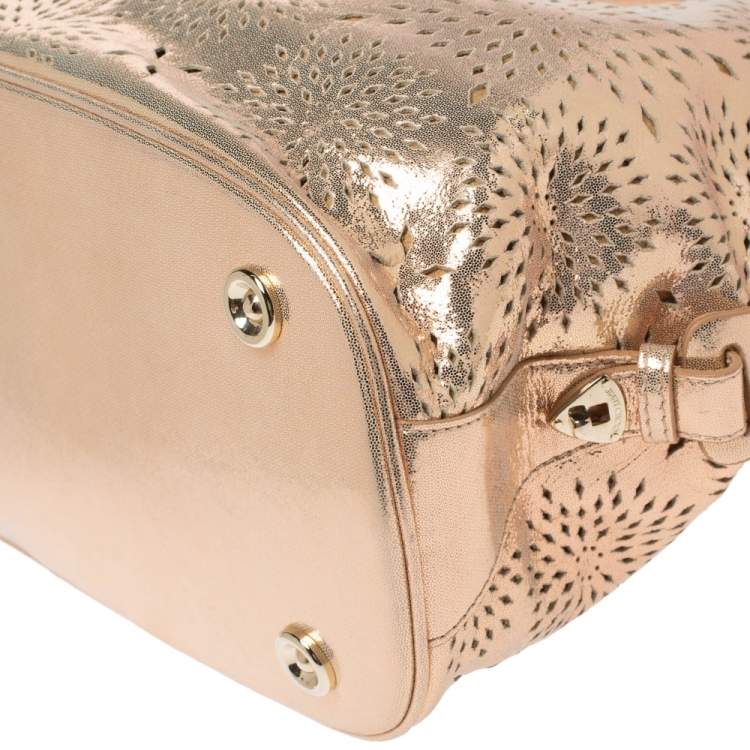 Pre Owned Jimmy Choo Metallic Rose Gold Leather Laser Cut Ring Handle Tote