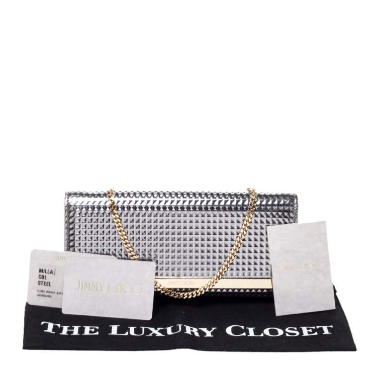 Pre Owned Jimmy Choo Metallic Silver Leather Milla Chain Clutch