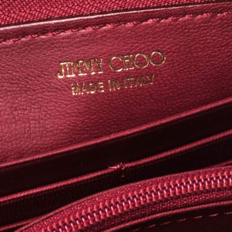 Pre Owned Jimmy Choo Red Leather Ring Buckle Zip Around Continental Wallet