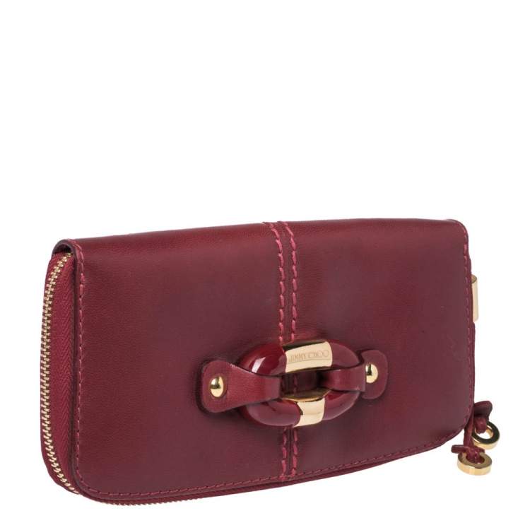 Pre Owned Jimmy Choo Red Leather Ring Buckle Zip Around Continental Wallet