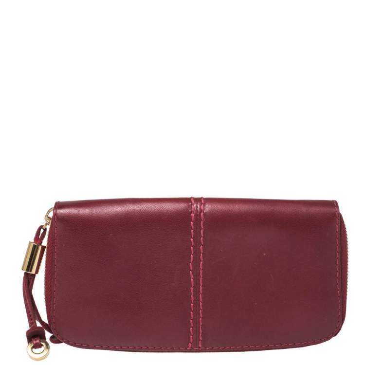 Pre Owned Jimmy Choo Red Leather Ring Buckle Zip Around Continental Wallet