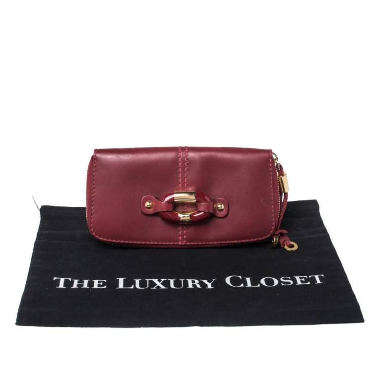 Pre Owned Jimmy Choo Red Leather Ring Buckle Zip Around Continental Wallet