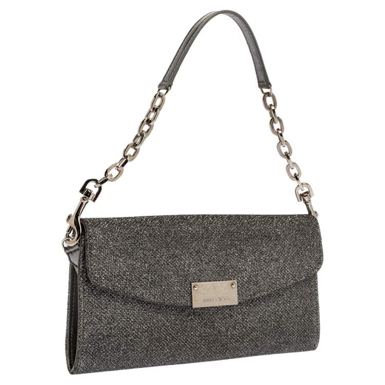 Pre Owned Jimmy Choo Grey Shimmer Fabric Riane Chain Clutch
