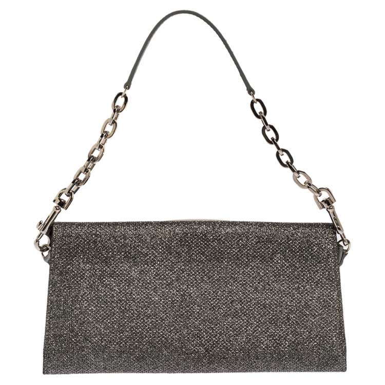 Pre Owned Jimmy Choo Grey Shimmer Fabric Riane Chain Clutch
