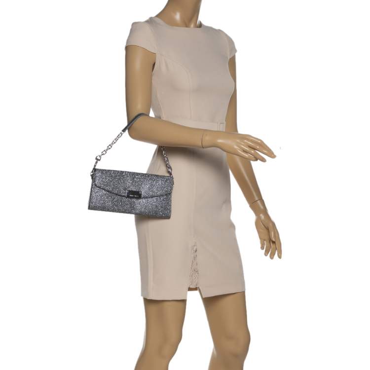 Pre Owned Jimmy Choo Grey Shimmer Fabric Riane Chain Clutch