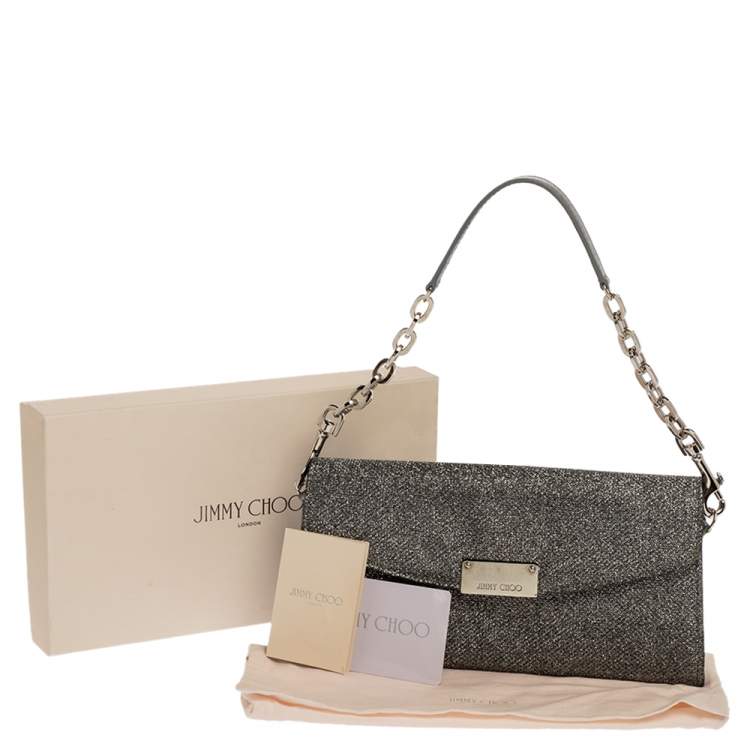 Pre Owned Jimmy Choo Grey Shimmer Fabric Riane Chain Clutch