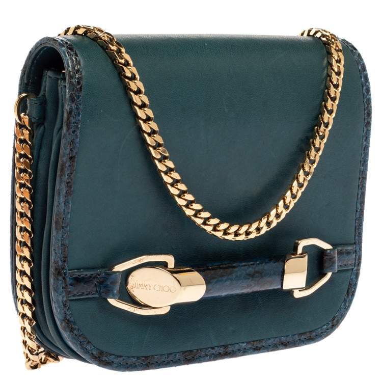 Pre Owned Jimmy Choo Dark Teal Leather and Python Trim Zadie Crossbody Bag