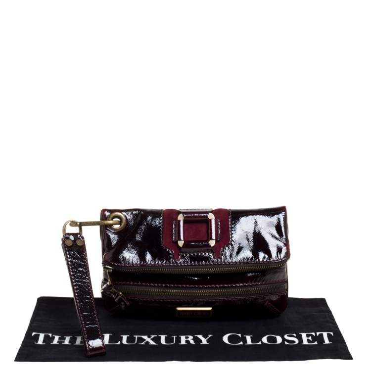 مملوكة مسبقًا Jimmy Choo Burgundy Patent Leather and Suede Mave Foldover Clutch