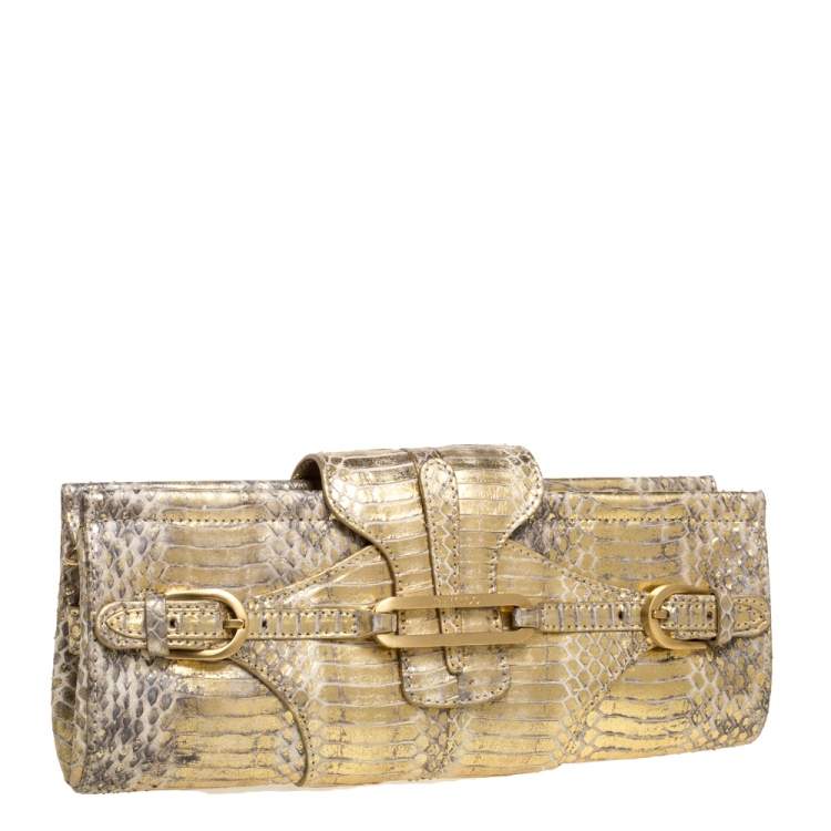 Pre Owned Jimmy Choo Metallic Gold Python Tulita Wristlet Clutch