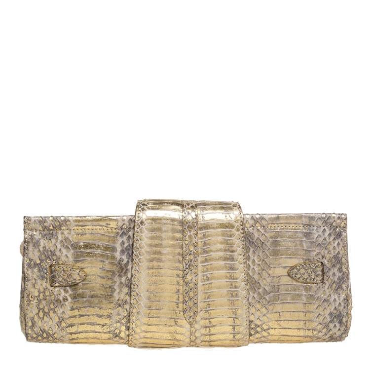 Pre Owned Jimmy Choo Metallic Gold Python Tulita Wristlet Clutch