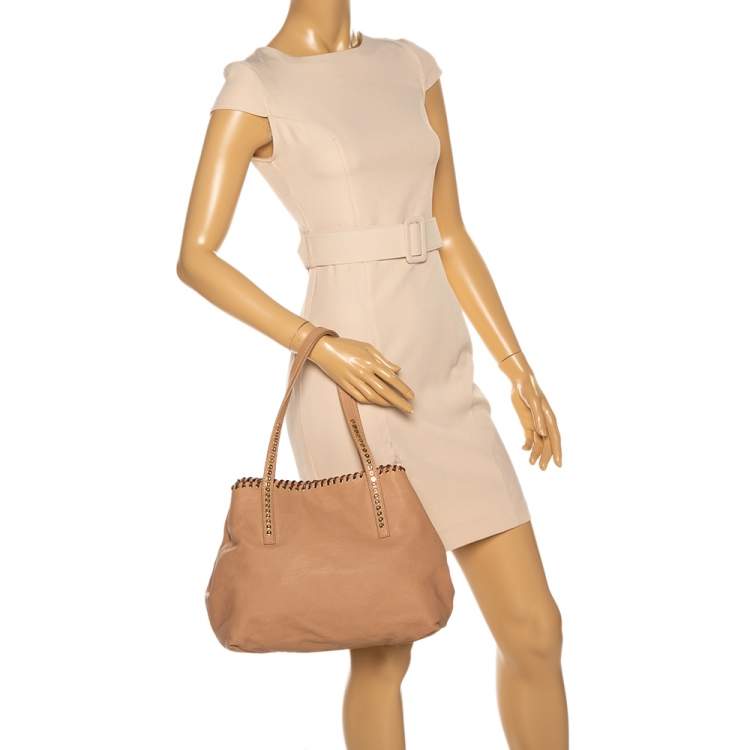 Pre Owned Jimmy Choo Beige Grained Leather Whipstitch Tote