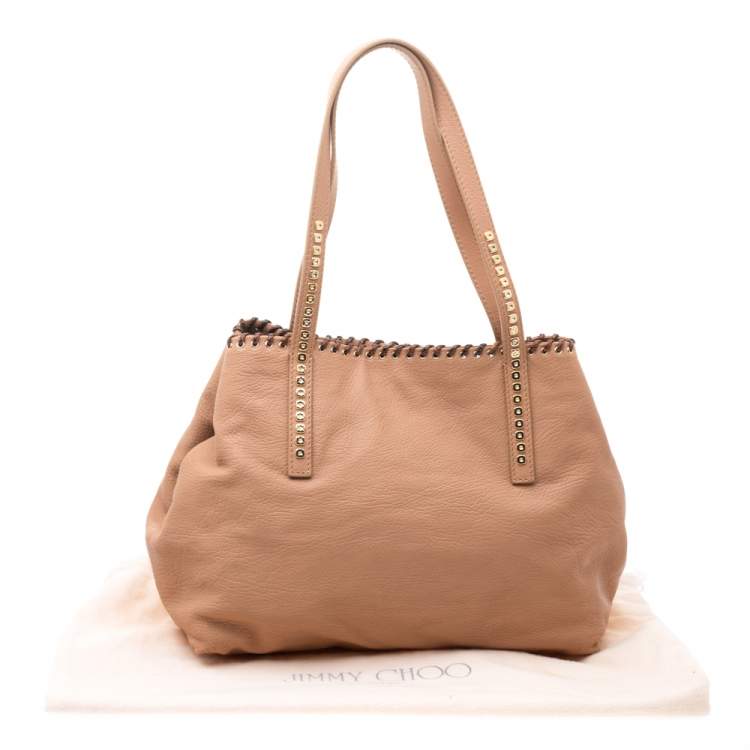 Pre Owned Jimmy Choo Beige Grained Leather Whipstitch Tote