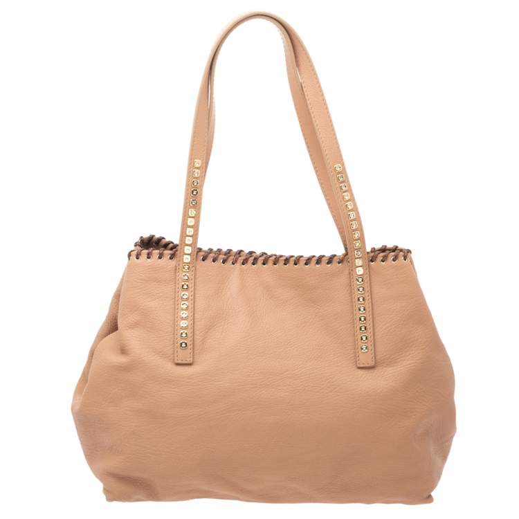Pre Owned Jimmy Choo Beige Grained Leather Whipstitch Tote