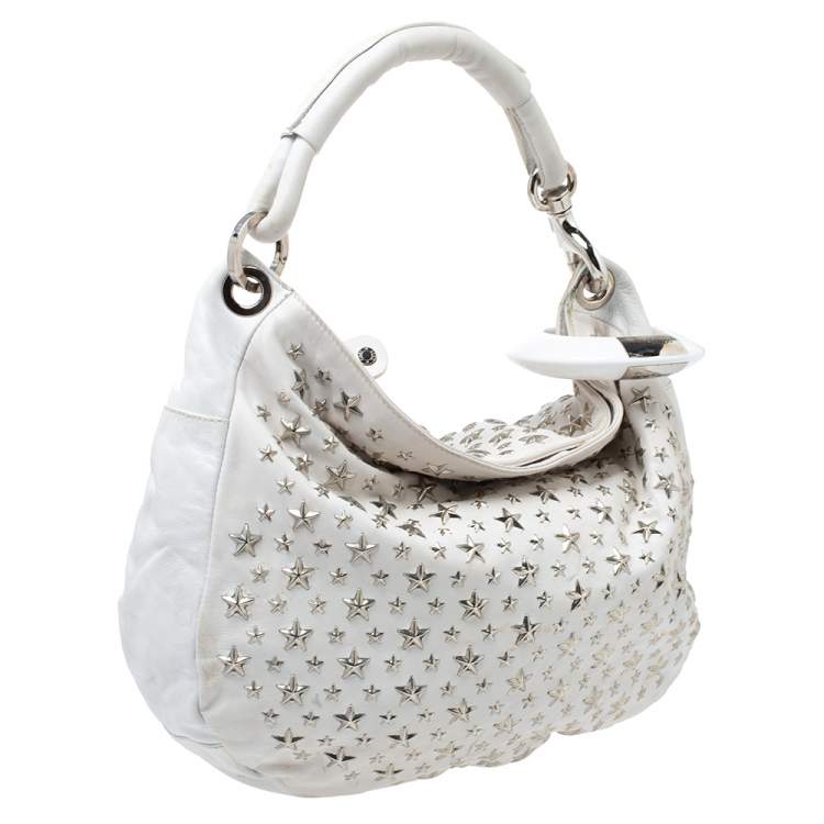 Pre Owned Jimmy Choo White Leather Small Star Studded Solar Hobo