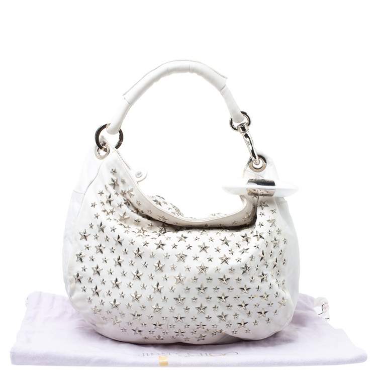 Pre Owned Jimmy Choo White Leather Small Star Studded Solar Hobo