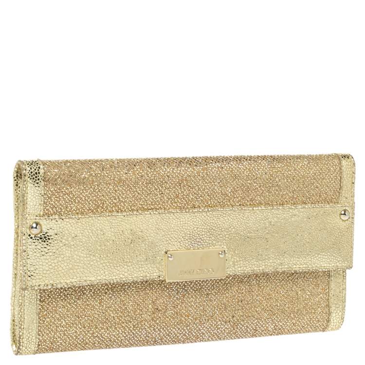 Pre Owned Jimmy Choo Metallic Gold Glitter and Patent Leather Reese Flap Clutch