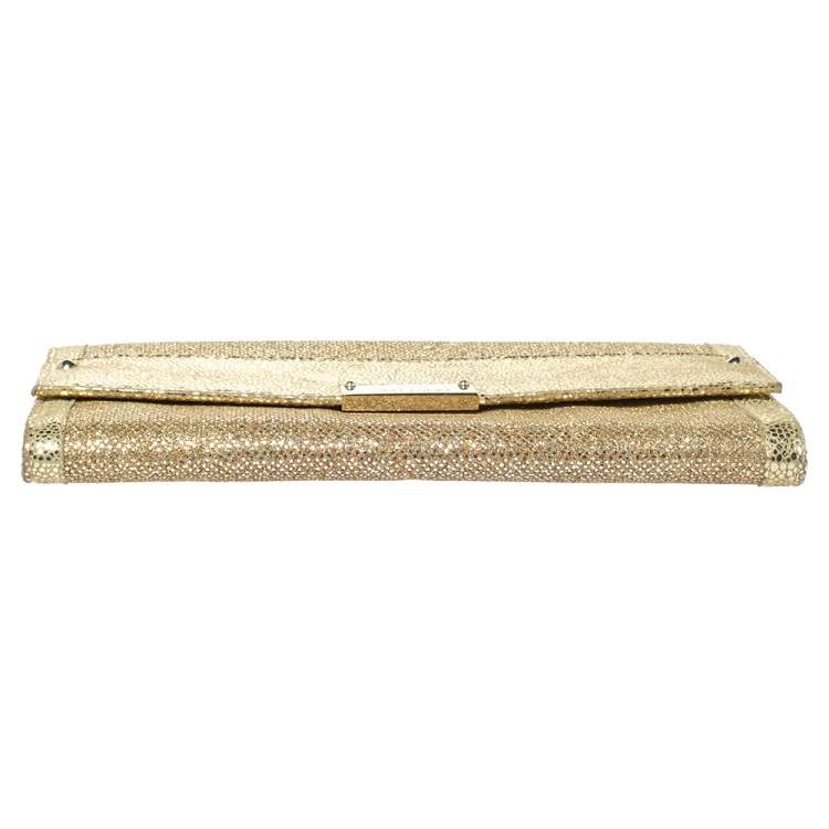 Pre Owned Jimmy Choo Metallic Gold Glitter and Patent Leather Reese Flap Clutch